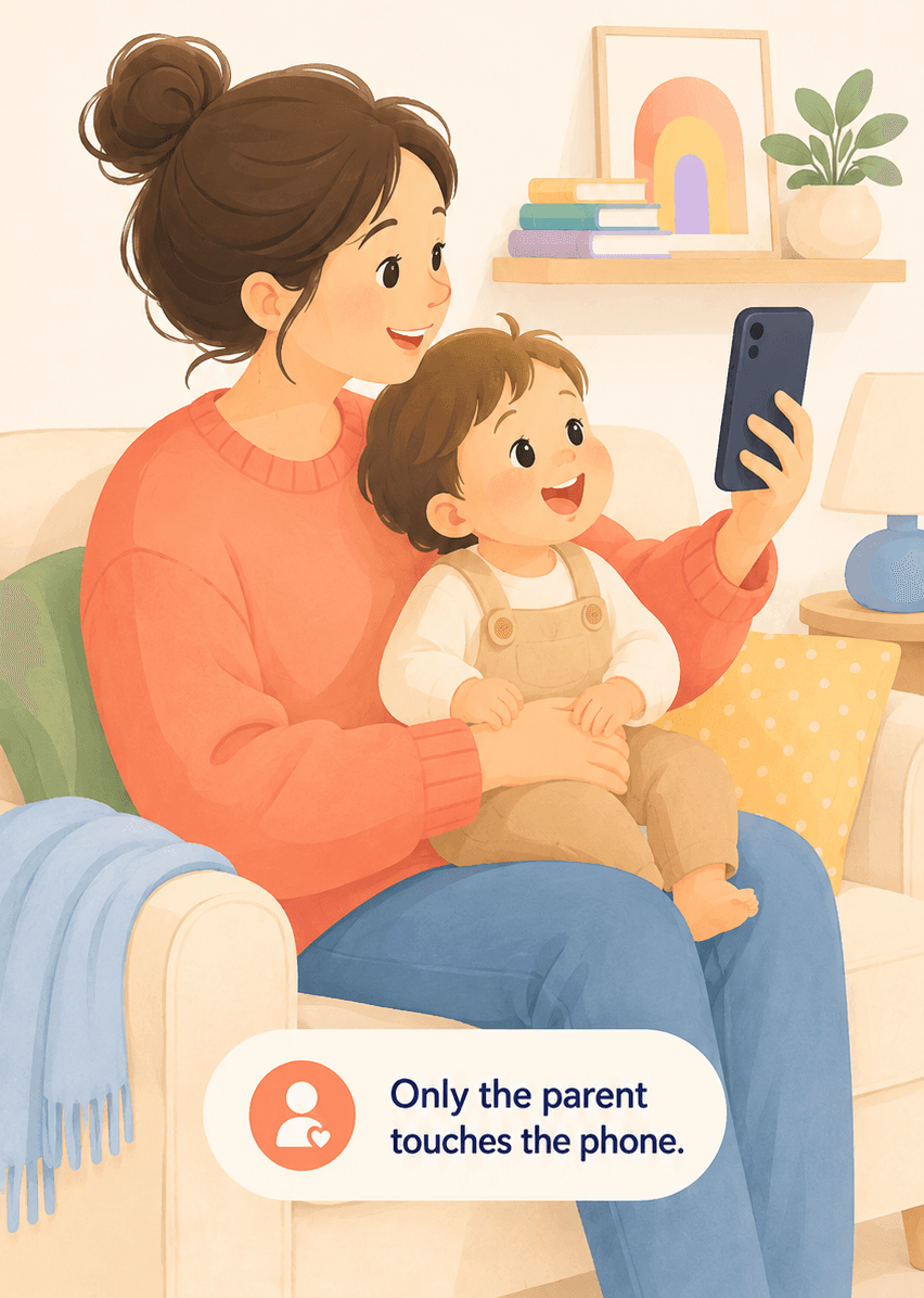 A parent holding the phone while her child sits on her lap. Only the parent touches the phone.
