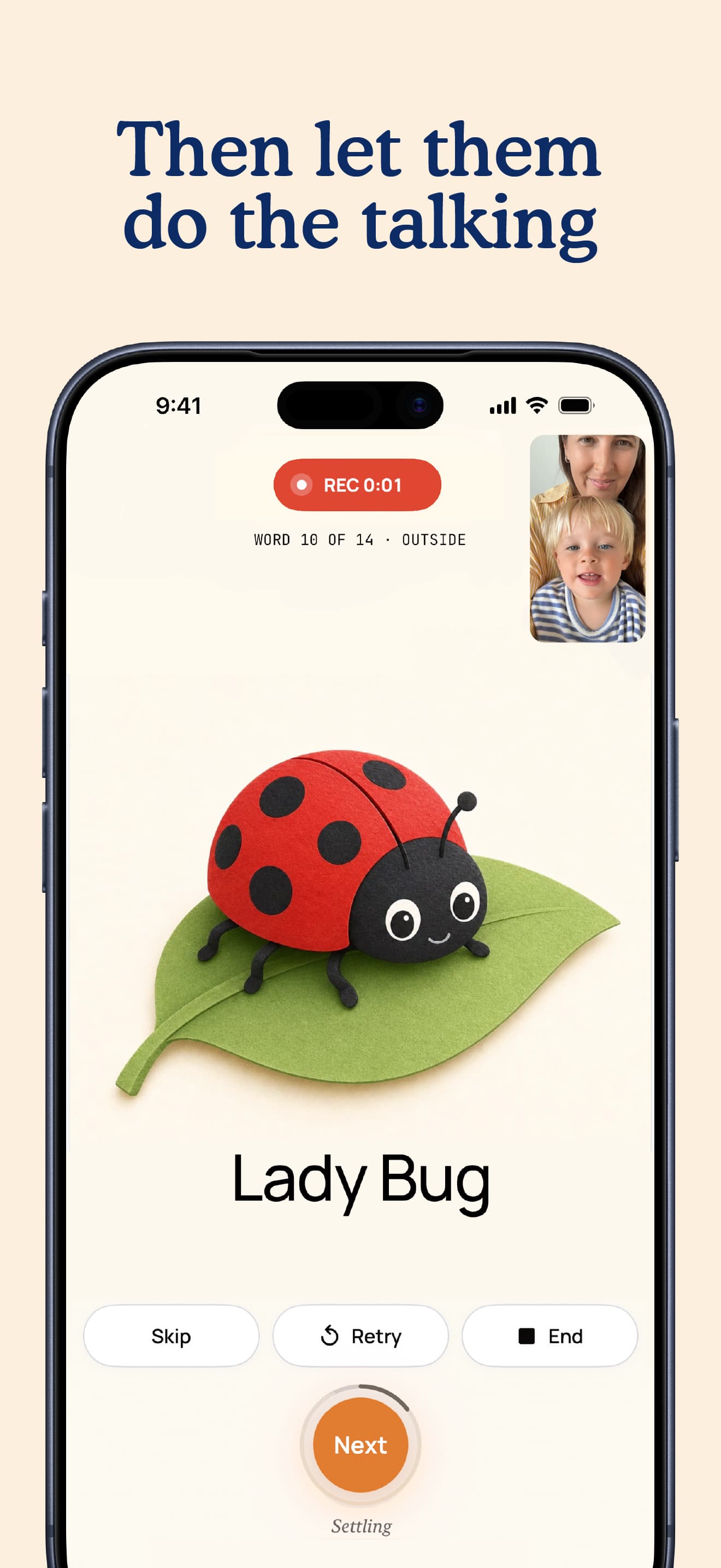 Tiny Takes recording screen with a ladybug picture prompt and a parent-and-child video preview.