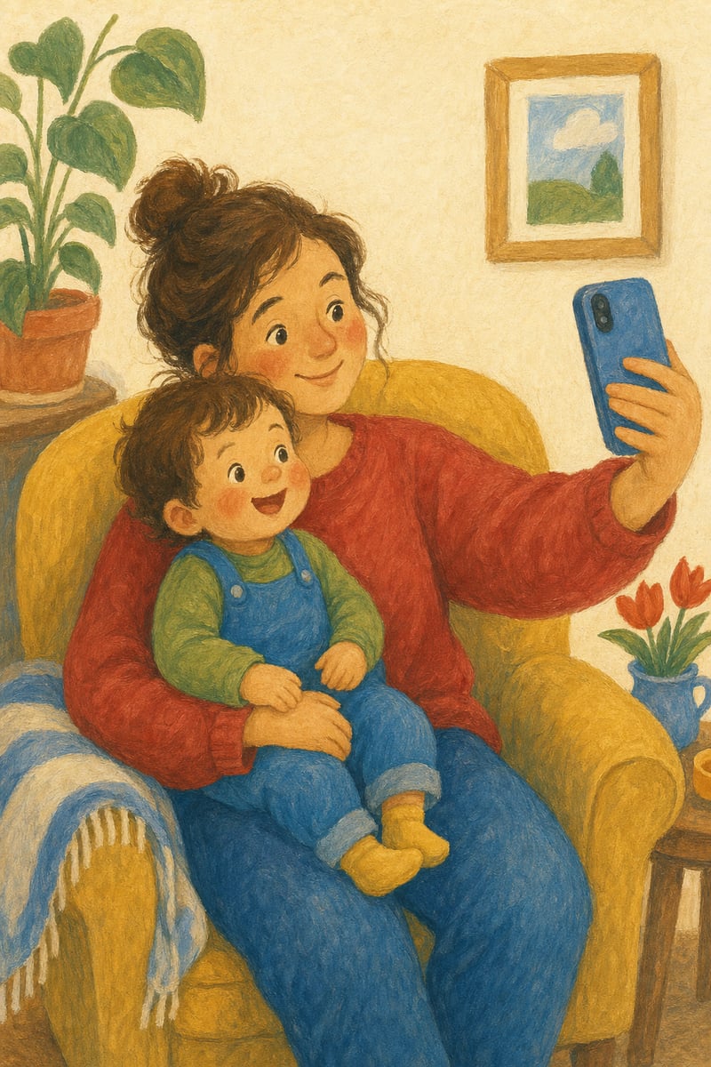 Illustration of a parent settled into an armchair with a toddler on their lap