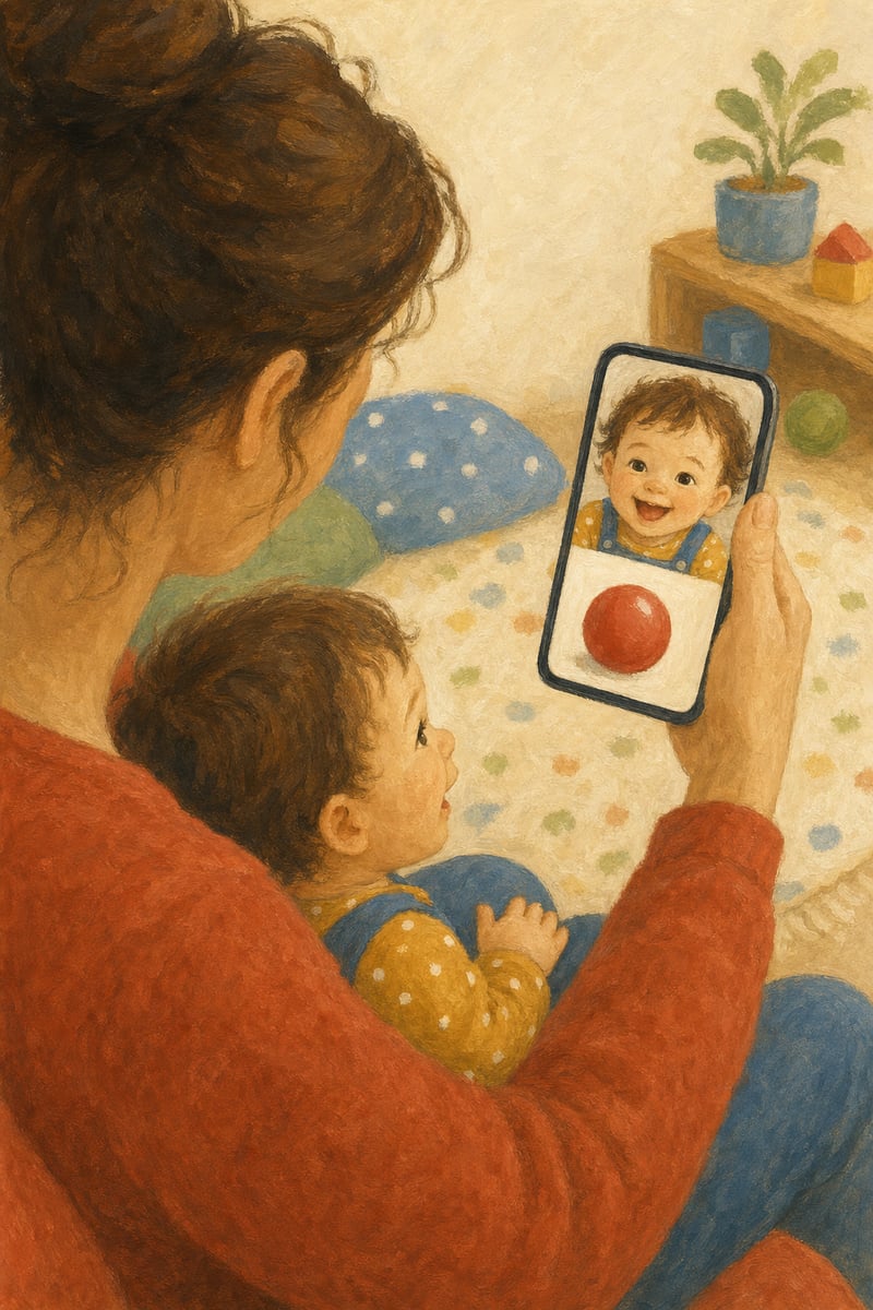 Illustration over a parent's shoulder: the phone shows the toddler's happy face and a picture card of a red ball