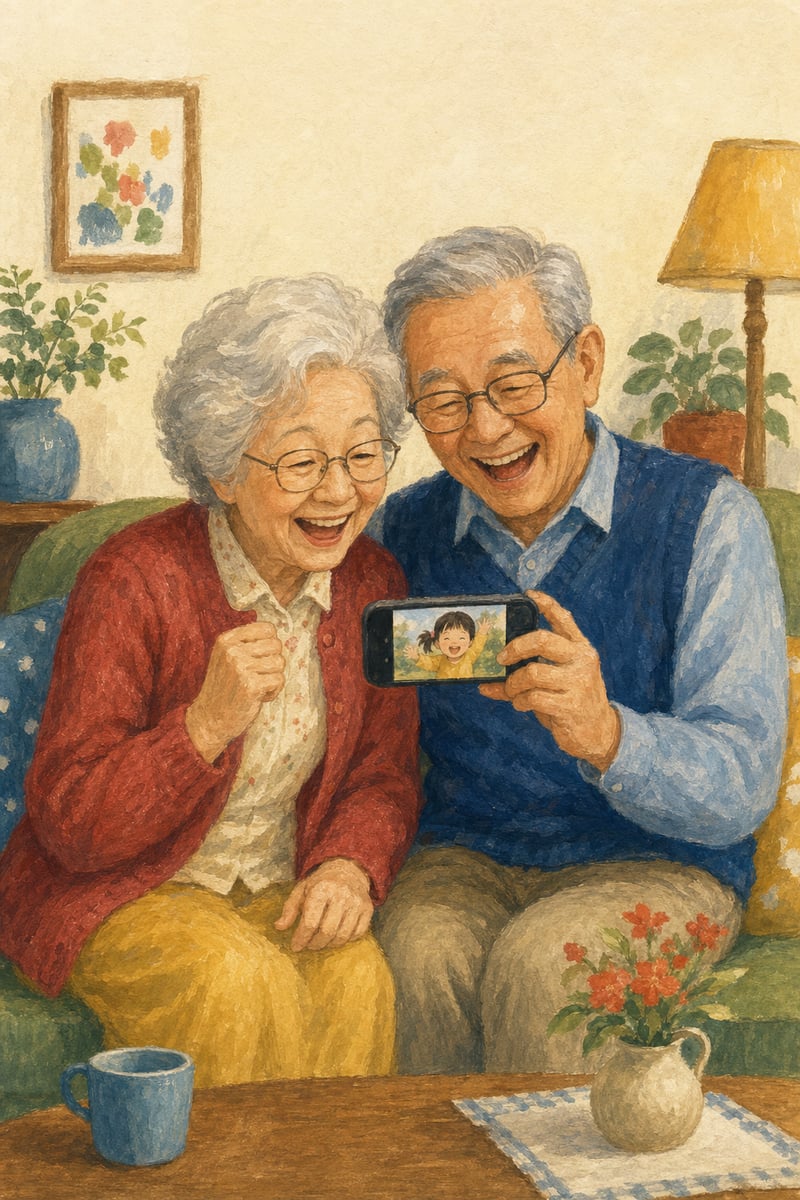 Illustration of delighted grandparents watching a keepsake video together on one phone